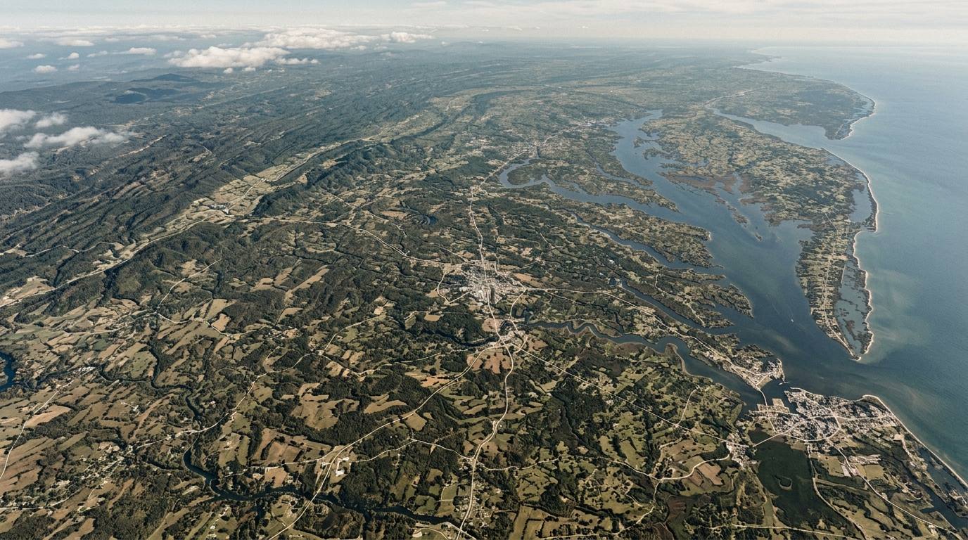 Aerial view of wooded ridges and farmland