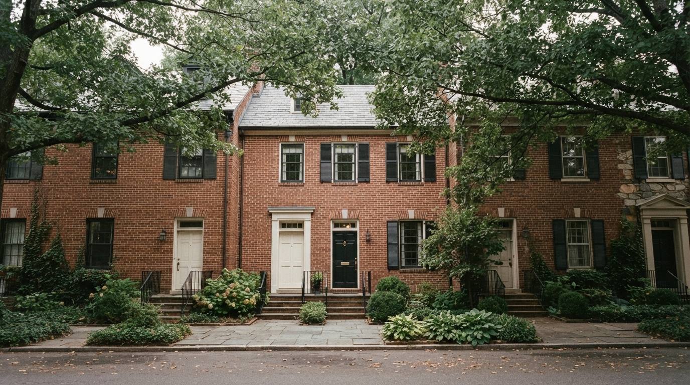Row of early-century townhouses under a mature canopy
