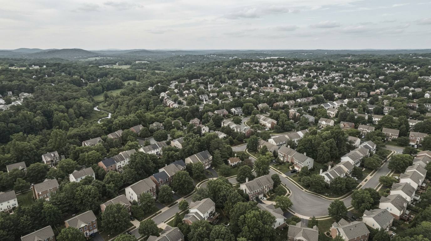 Aerial view of wooded suburban rooftops