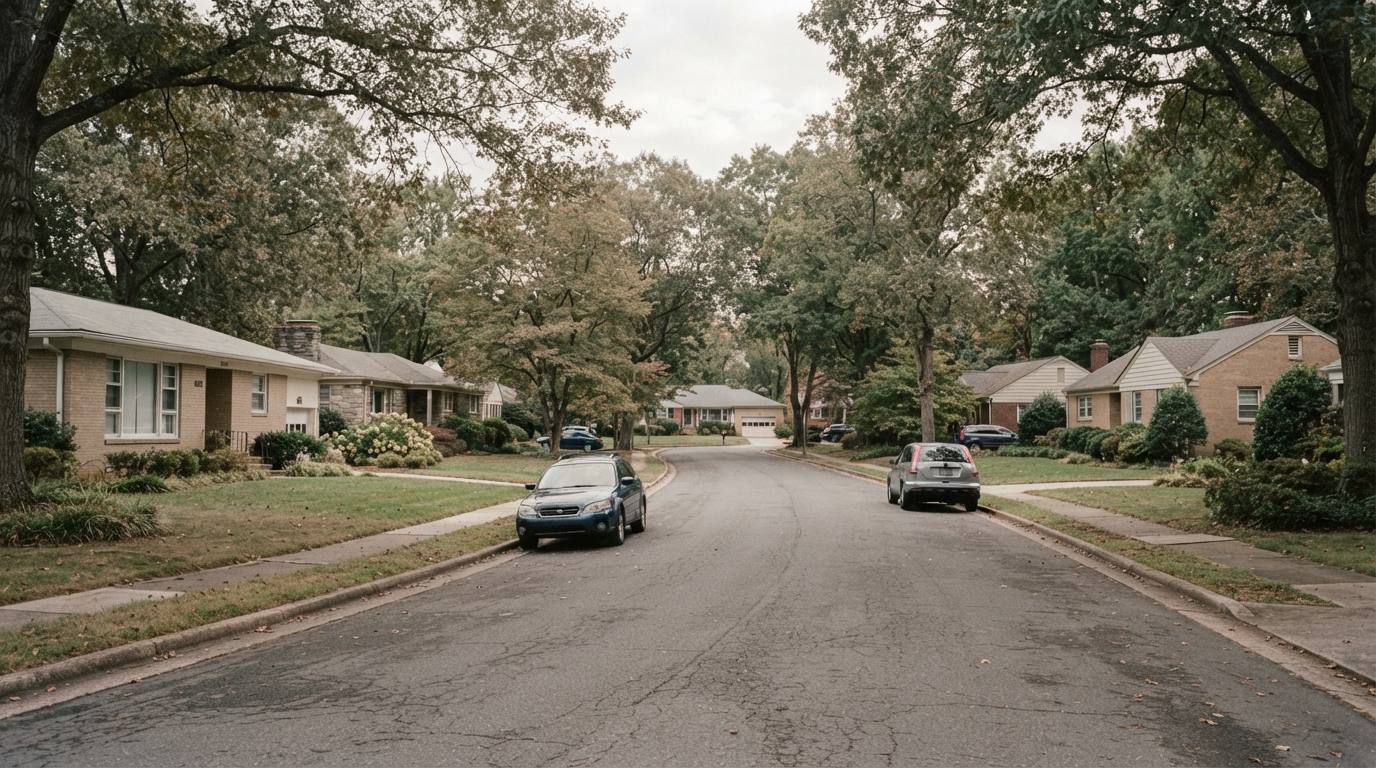 Older residential street with tall pines behind