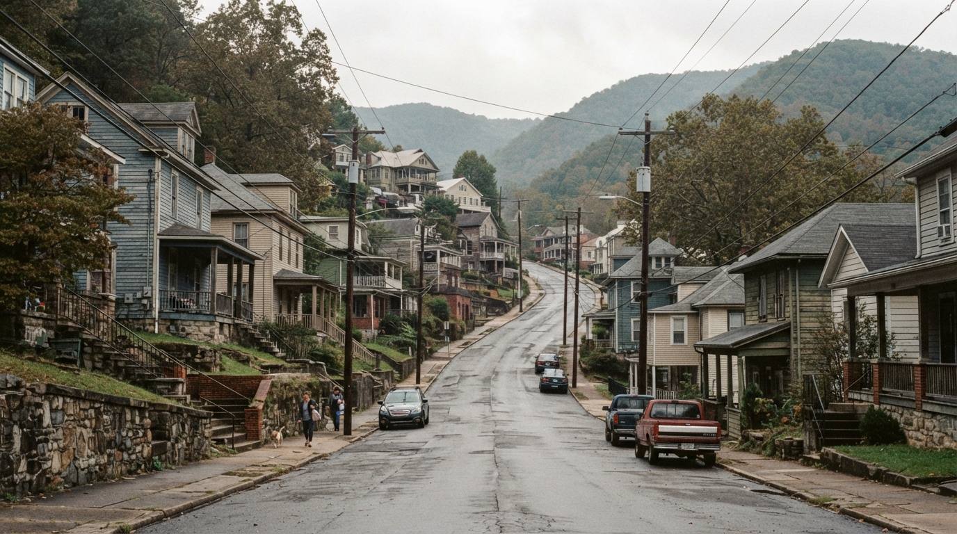 Small-town streetscape with older housing