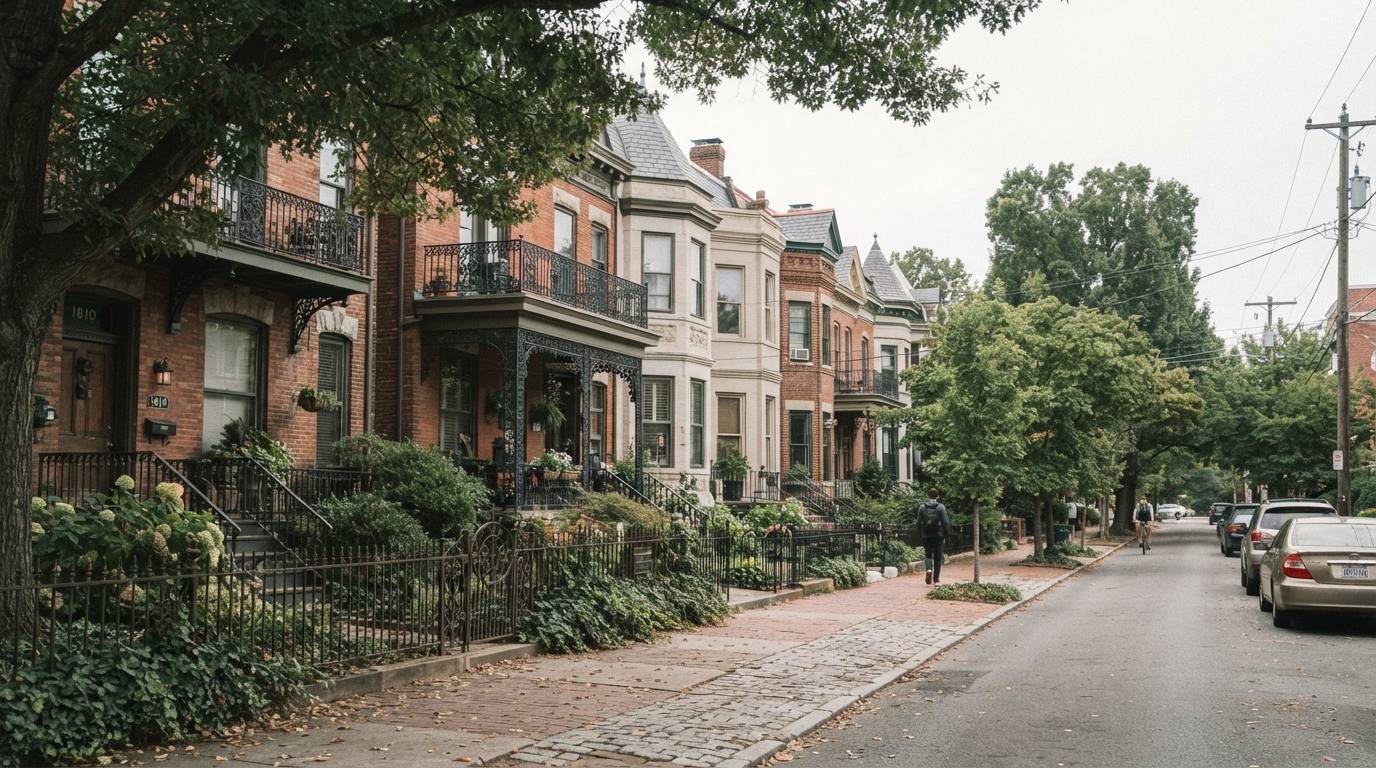 Tree-lined residential street of brick houses