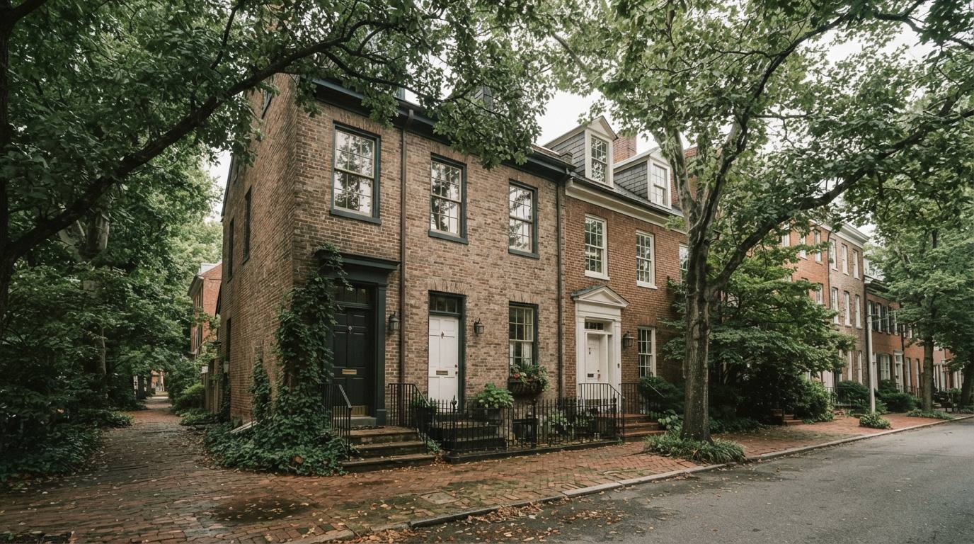 Row of townhouses under a mature tree canopy