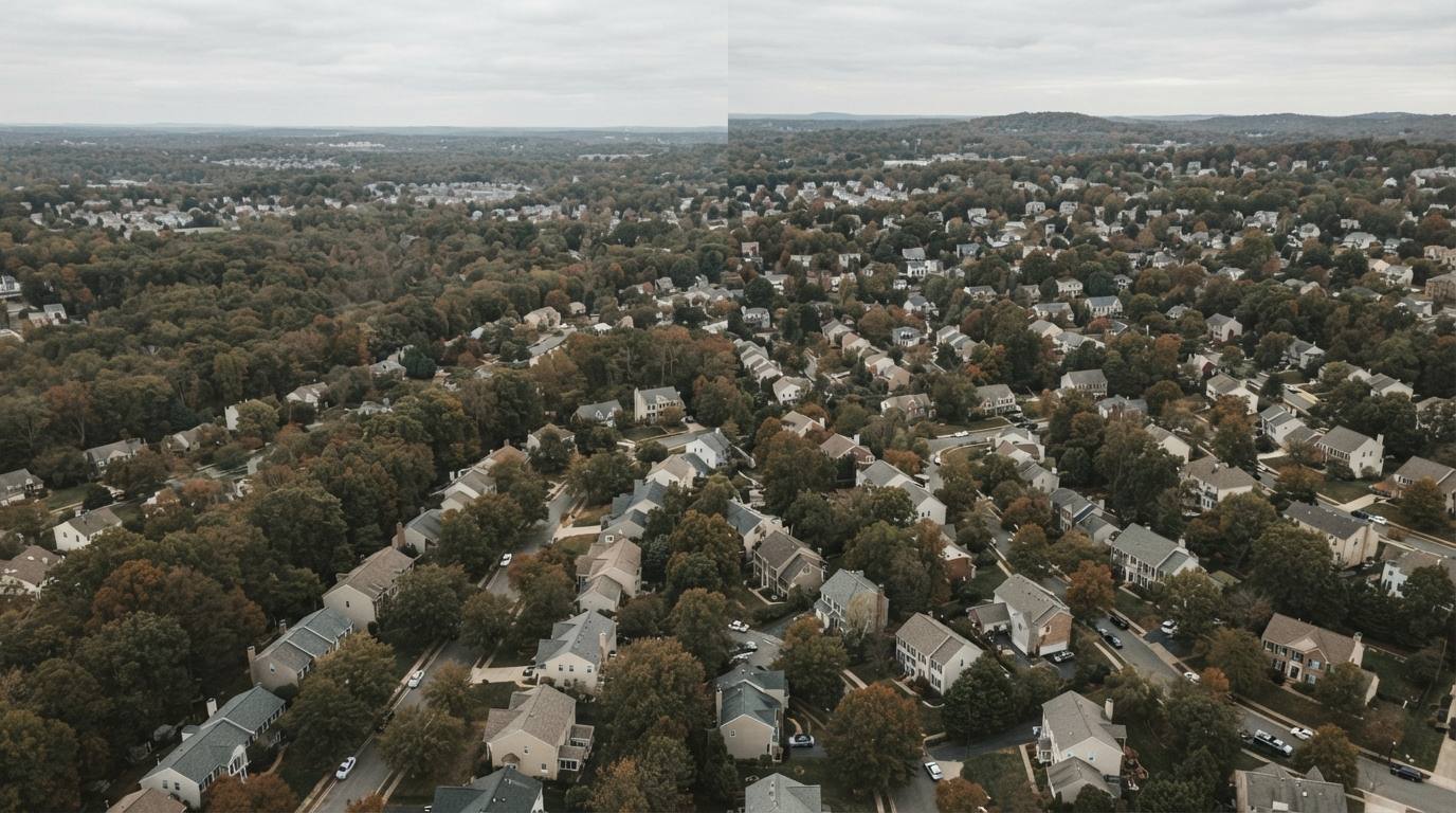 Aerial view of wooded suburban rooftops