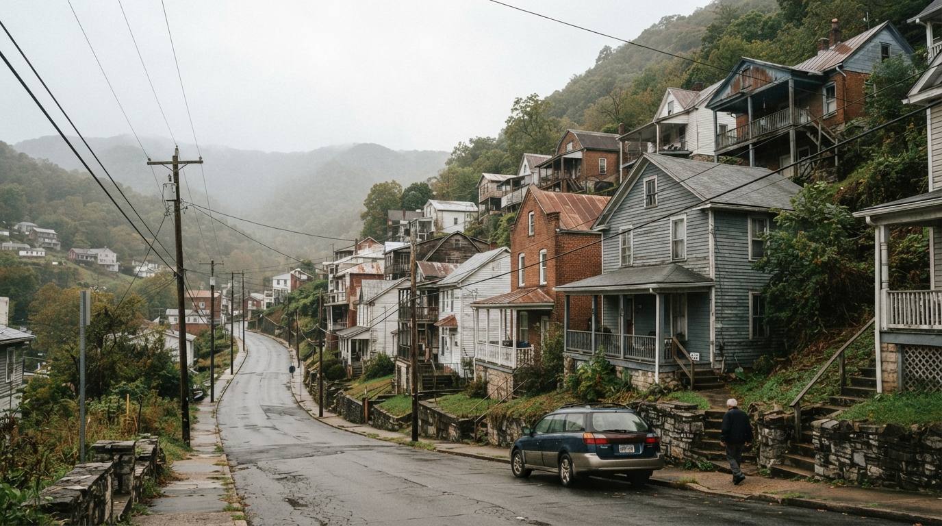 Mountain-town streetscape with older housing
