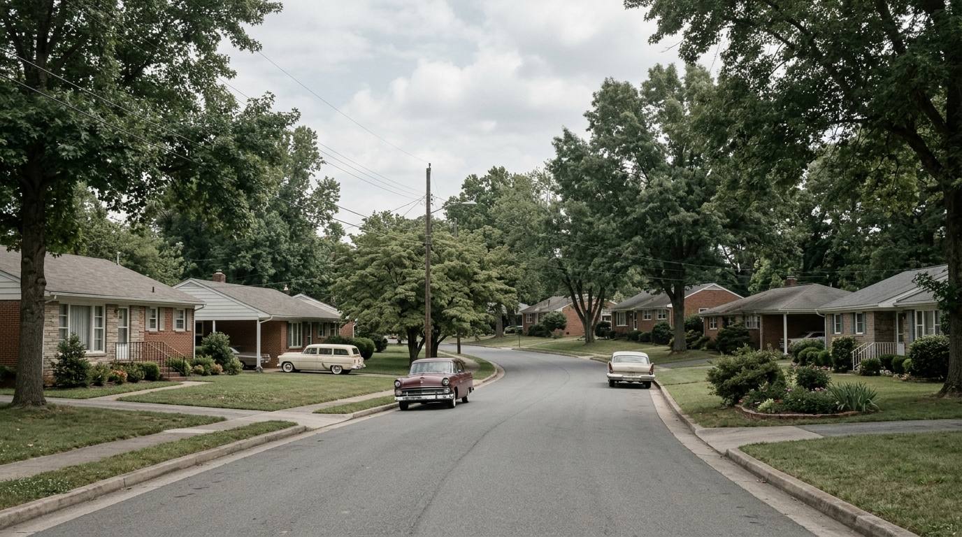 Flat residential street of single-storey houses