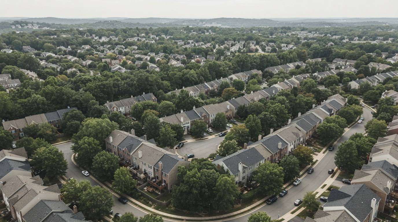 Aerial view of suburban rooftops and tree cover