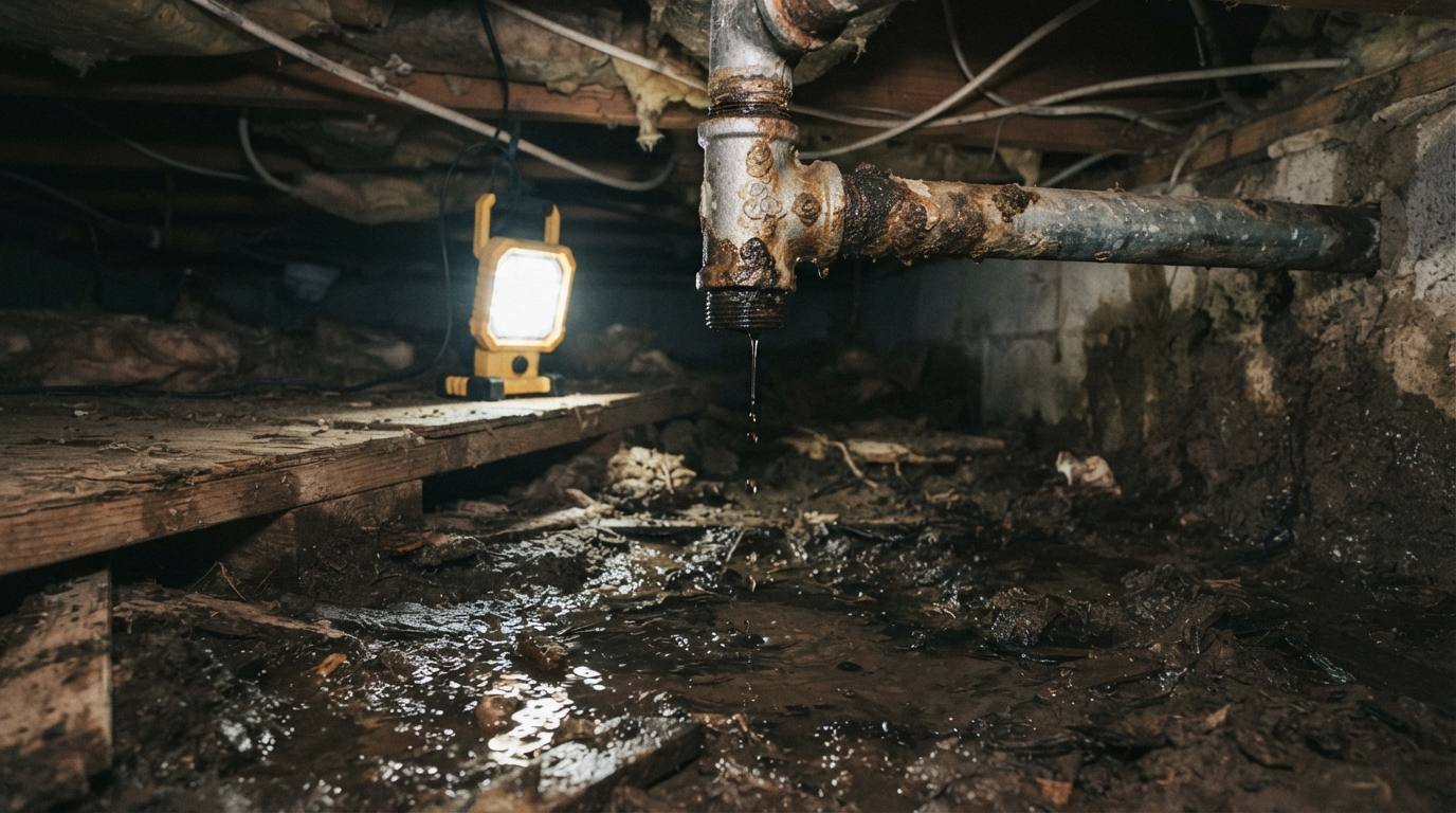 Dripping pipe above damp soil in a crawl space