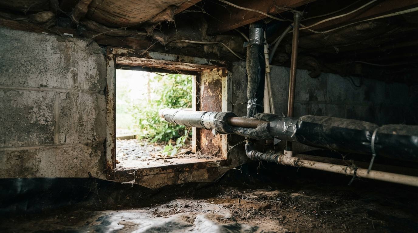 Open crawl space vent at the base of a house