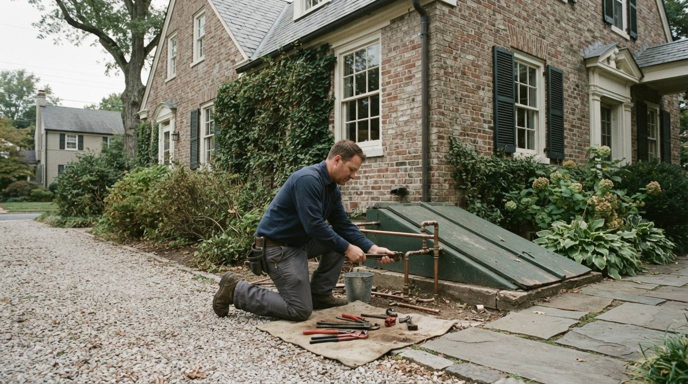 Plumber kneeling at a crawl space door working on copper pipe, tools laid out on a cloth