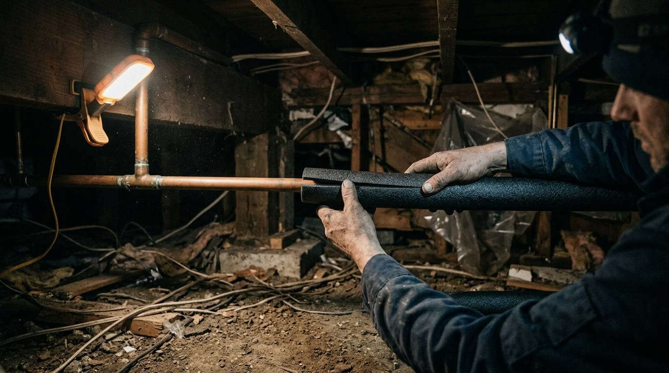 Foam pipe sleeves being fitted to a pipe run under a floor