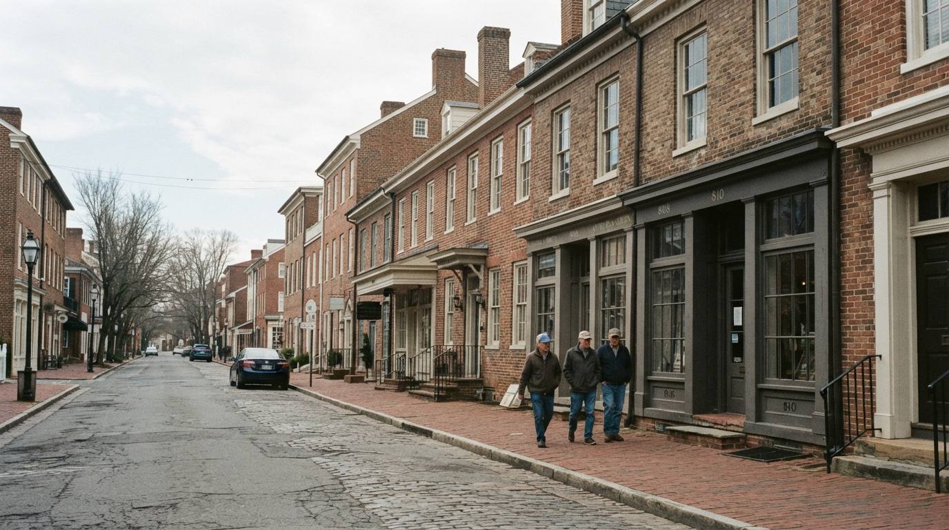 Historic small-town street under a heavy tree canopy