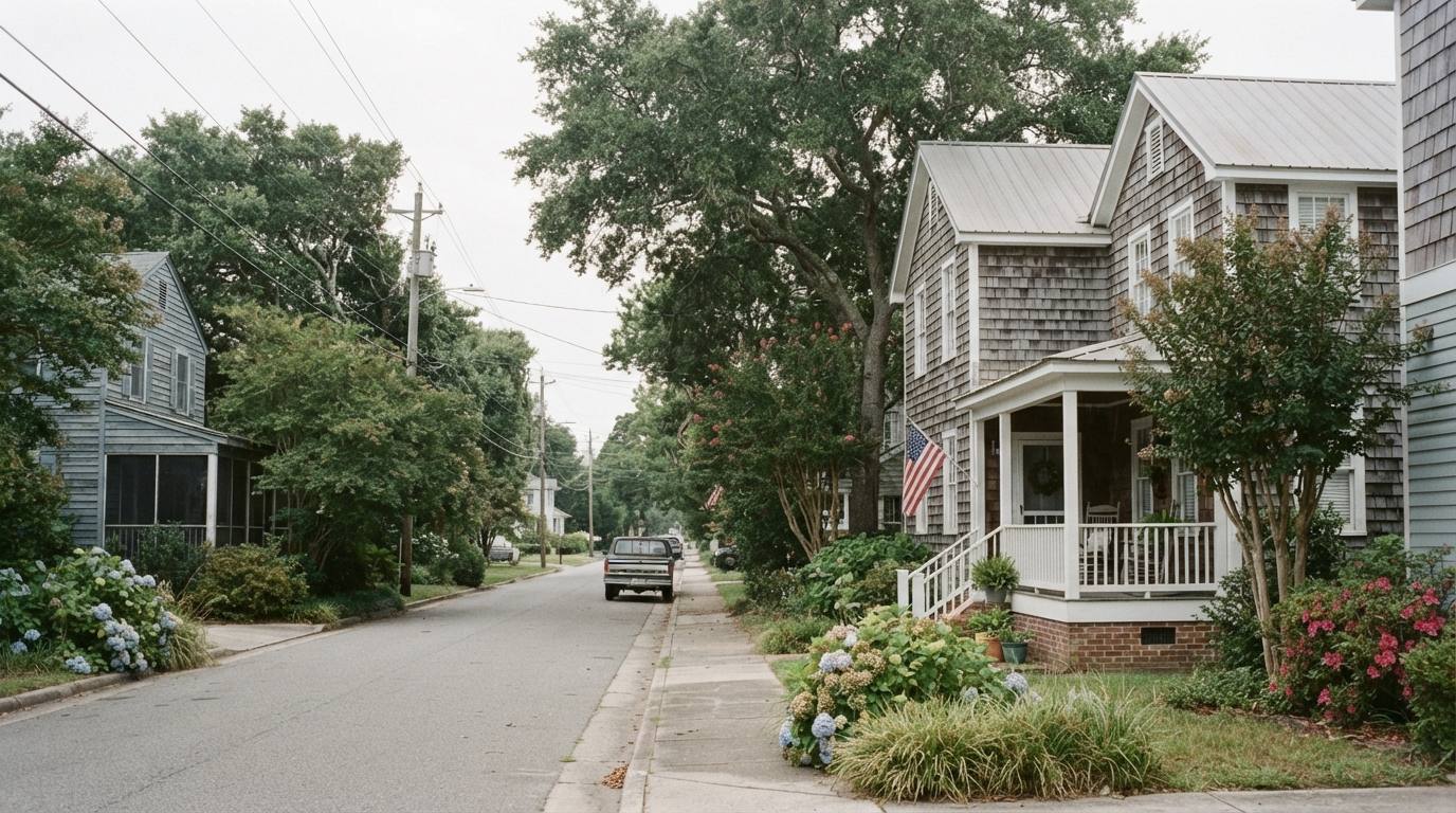 Coastal street lined with mature live oaks