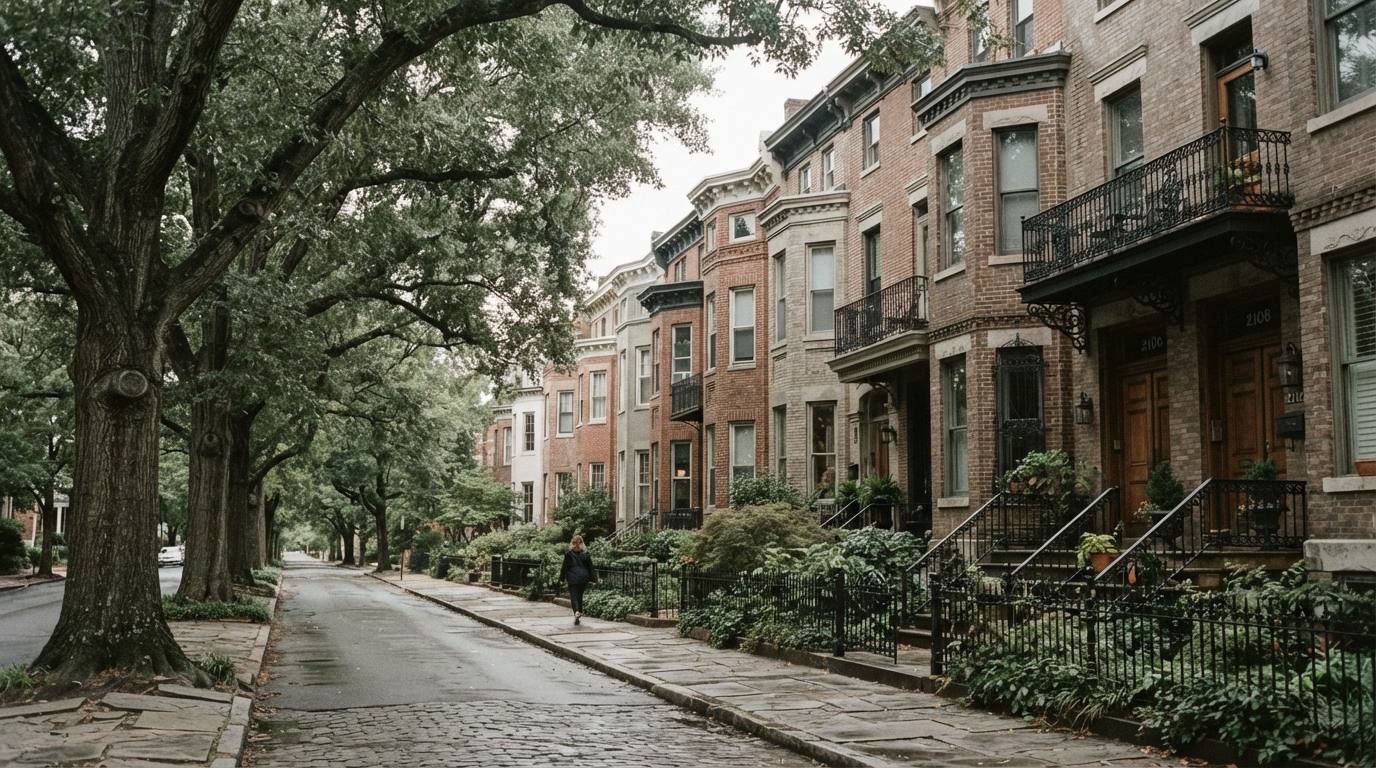Tree-lined street of brick houses with mature canopy