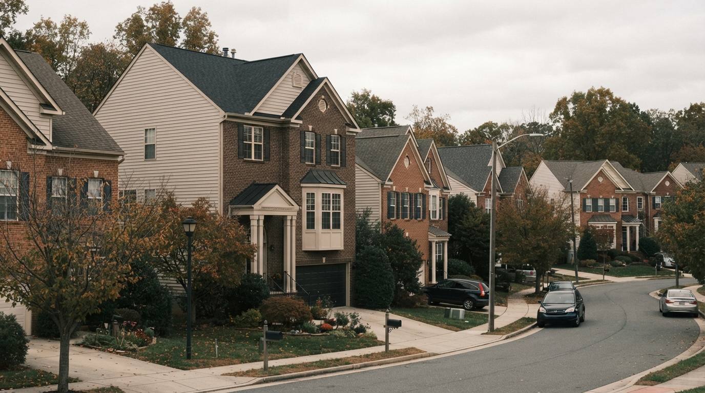 Suburban housing at the edge of wooded foothills