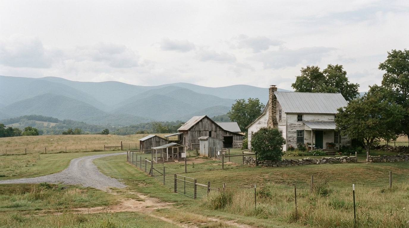 Farmhouse with a wooded ridge rising behind it