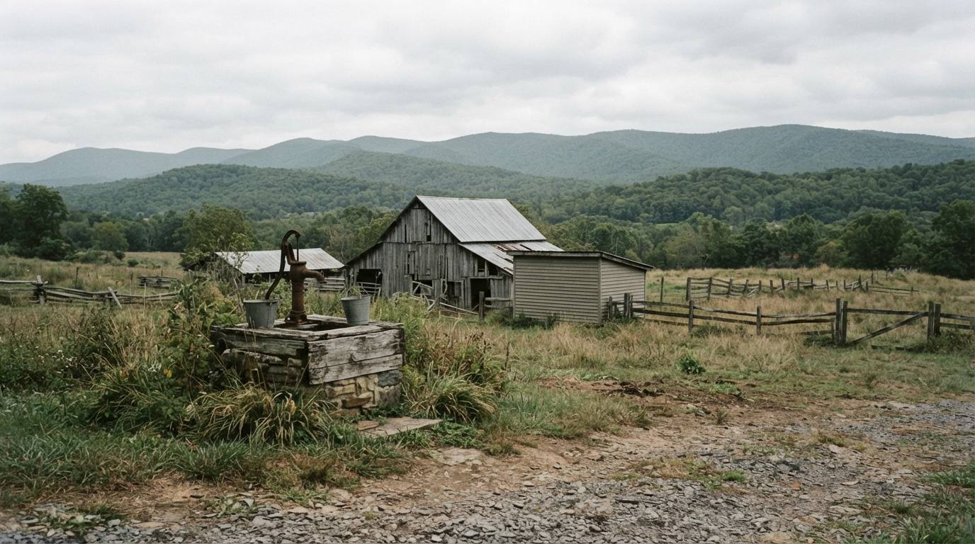 Rural outbuildings on rolling pasture land