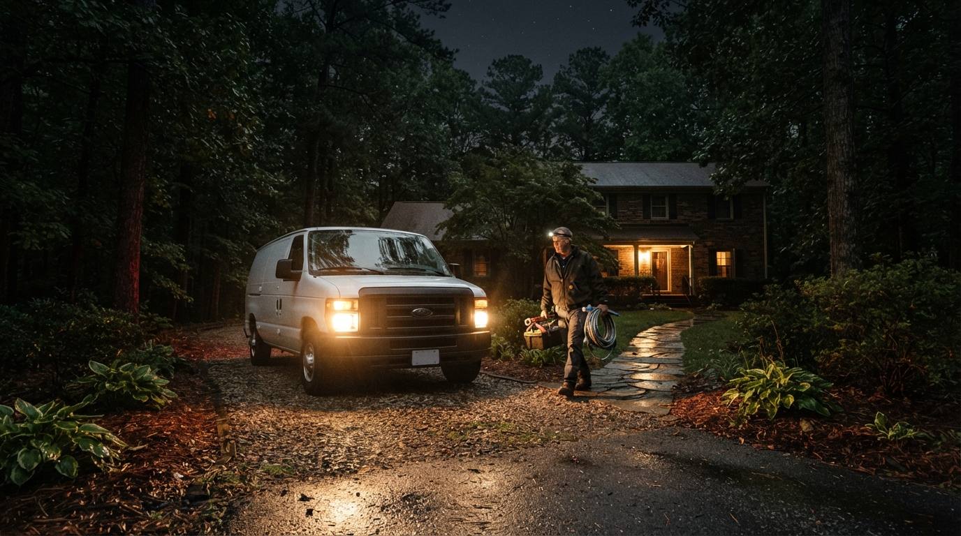 Plumber loading equipment into a work van on a residential street