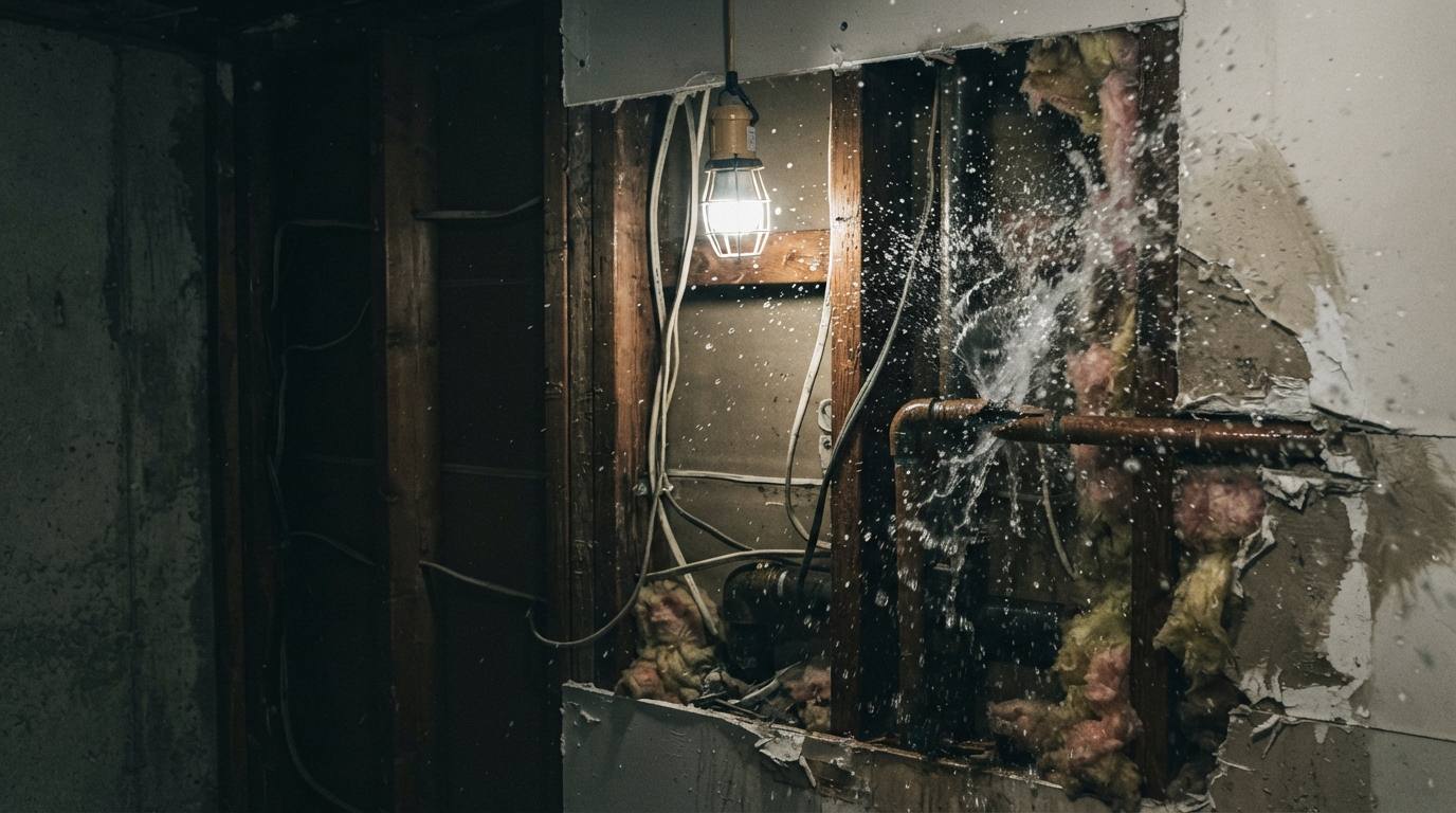 Water spraying from a split copper supply pipe