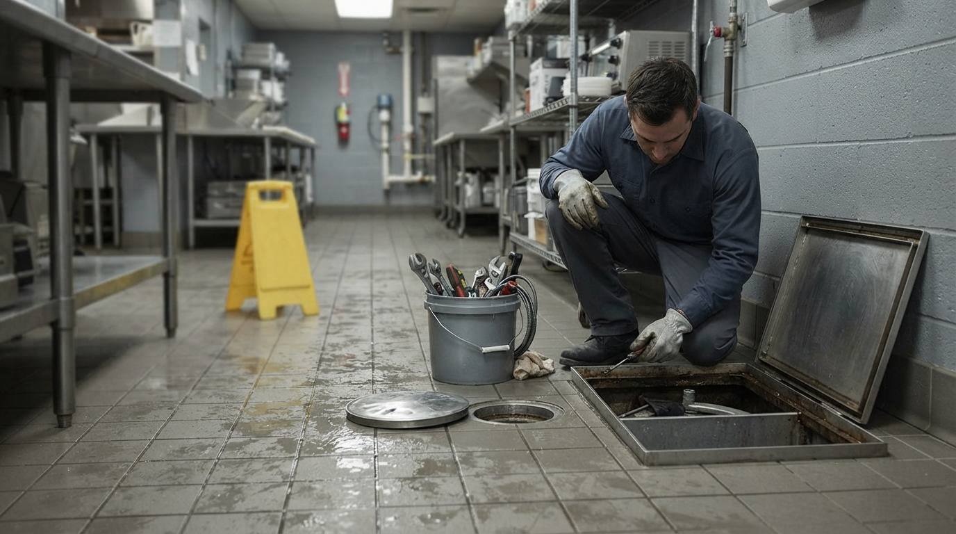 Servicing a floor drain in a commercial kitchen