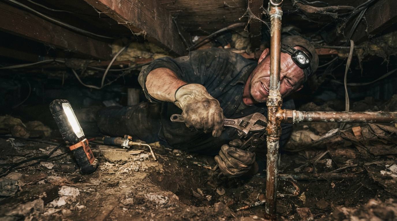 Plumber working on pipework beneath floor joists in a crawl space
