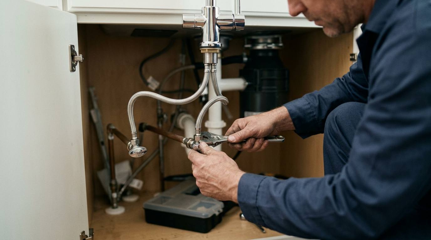 Plumber fitting a new kitchen faucet with supply lines visible