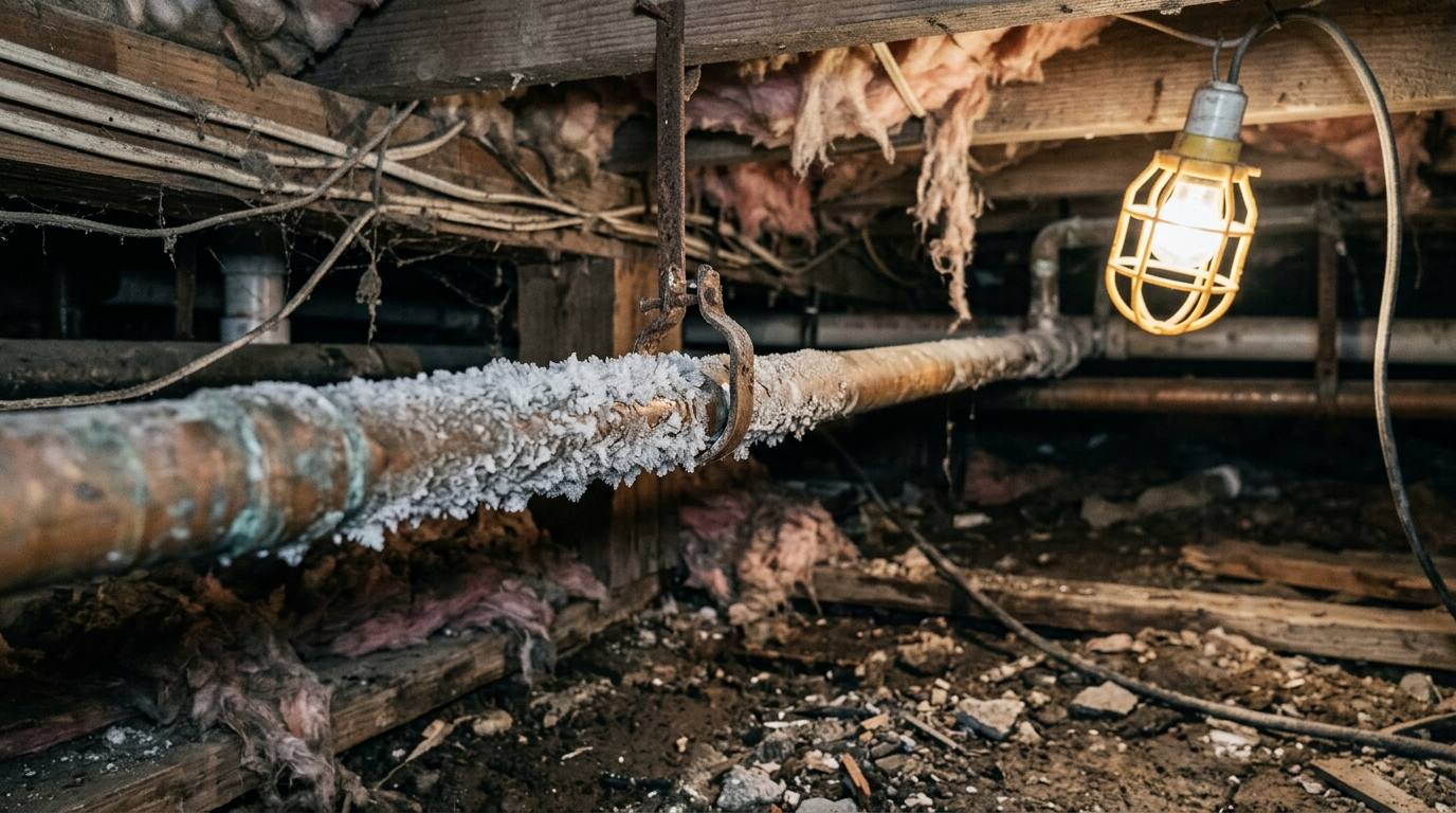 Frost forming on a copper supply line in a crawl space