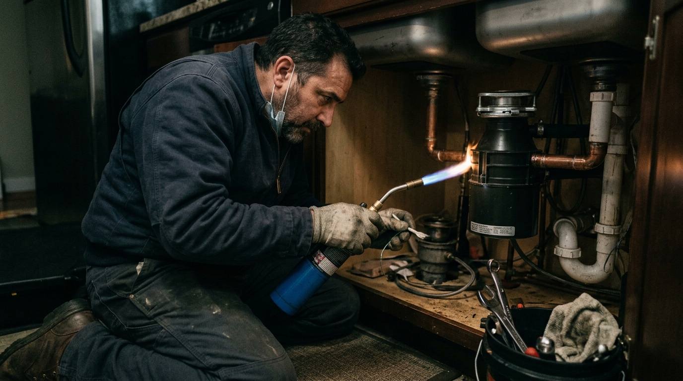 Plumber servicing a garbage disposal beneath a kitchen sink