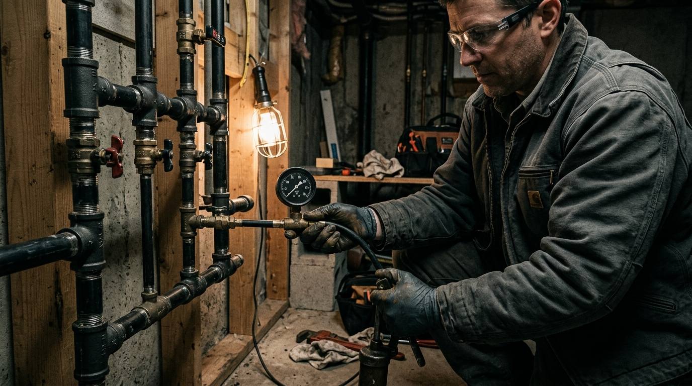 Plumber pressure testing a gas line at an appliance connection