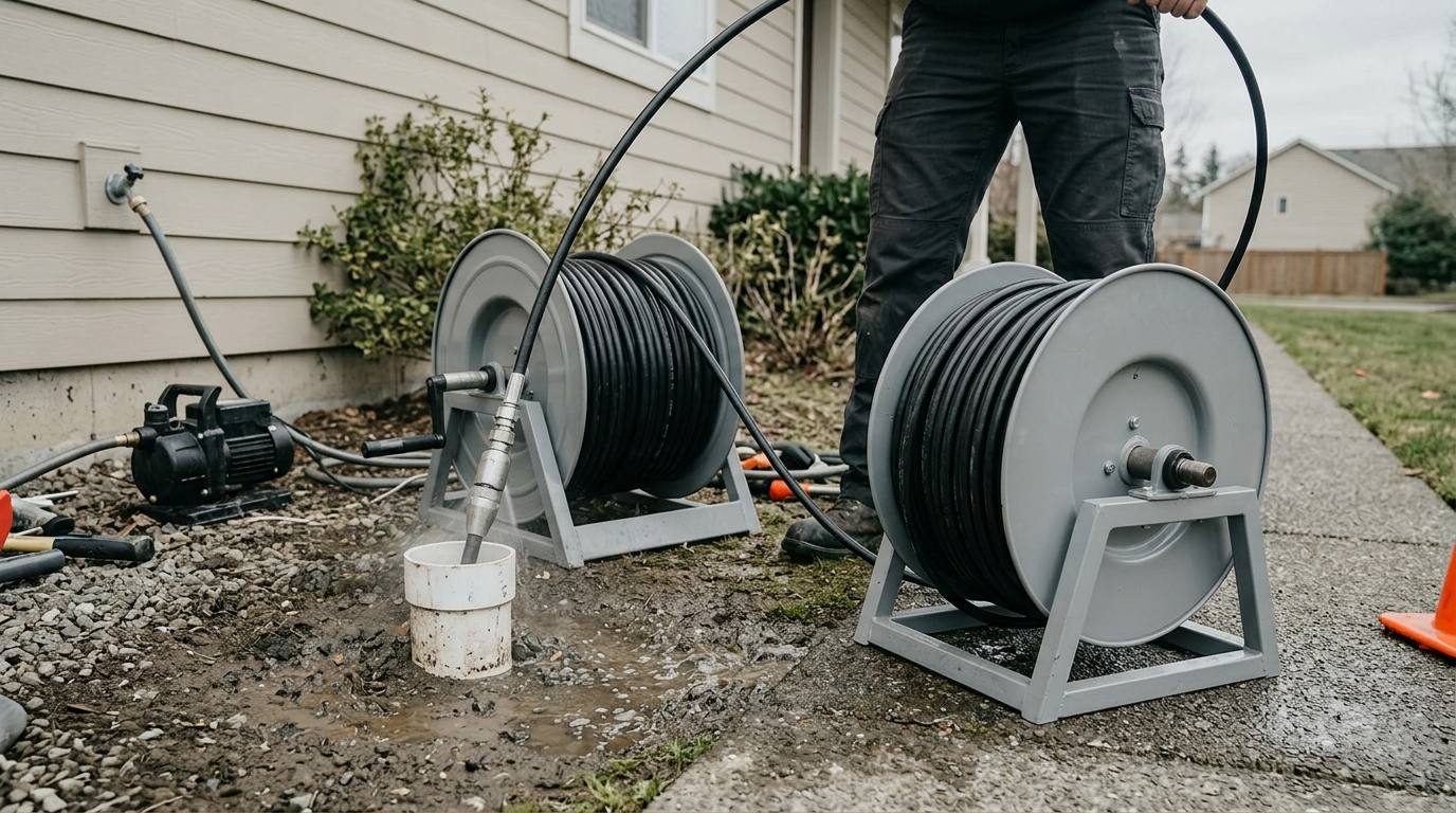 Hydro jetting hose reel set up at a sewer clean-out