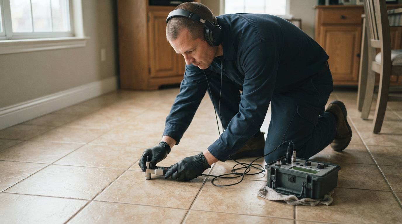 Technician using acoustic listening equipment to locate a leak
