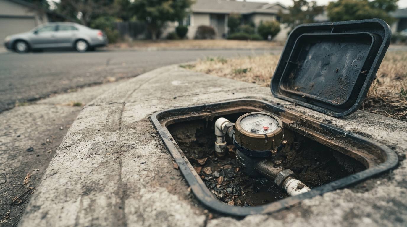 Open residential water meter box at the kerb