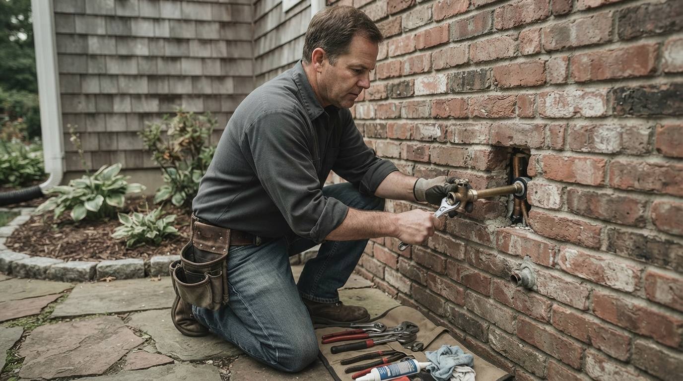Plumber fitting a frost-free outdoor spigot