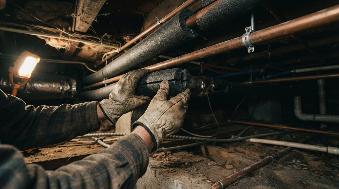 Foam insulation sleeve being fitted to a copper pipe