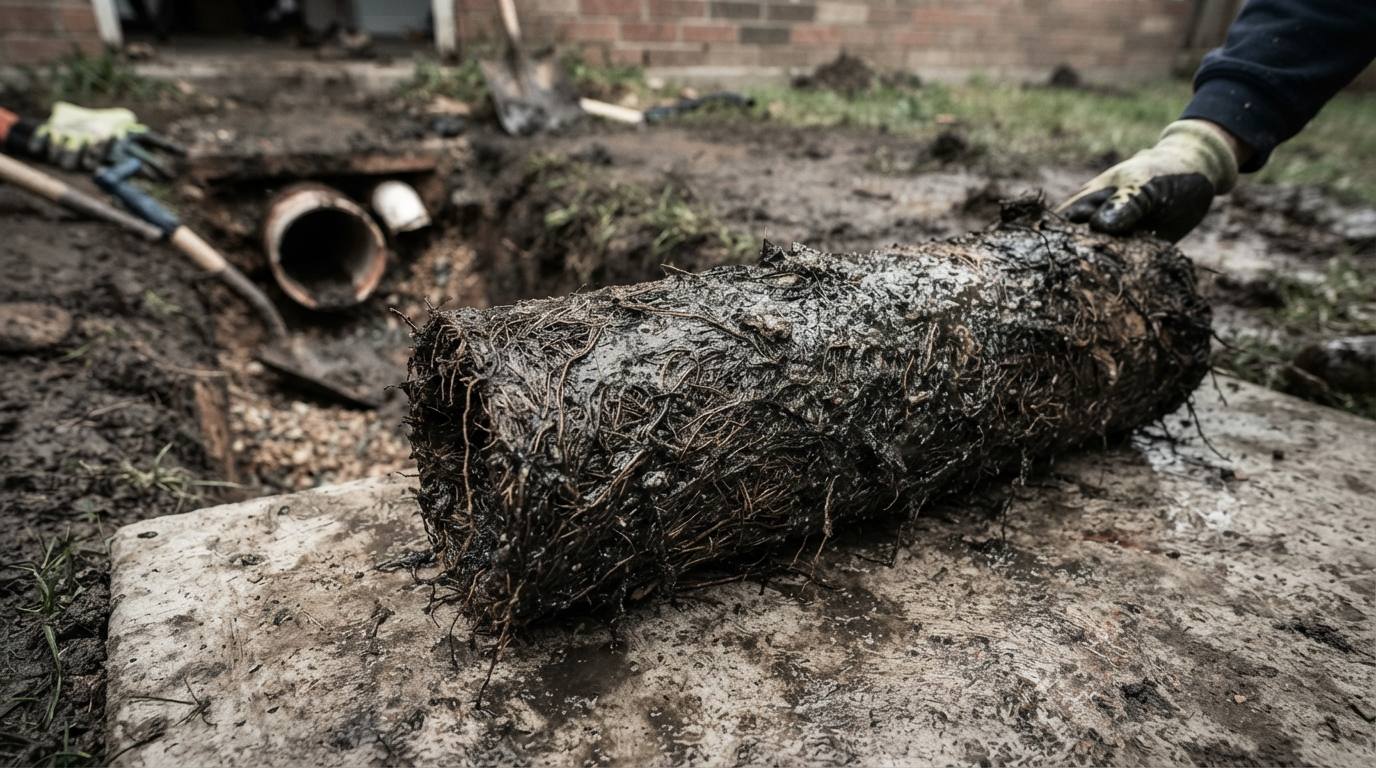 Tree root mass removed from a sewer line