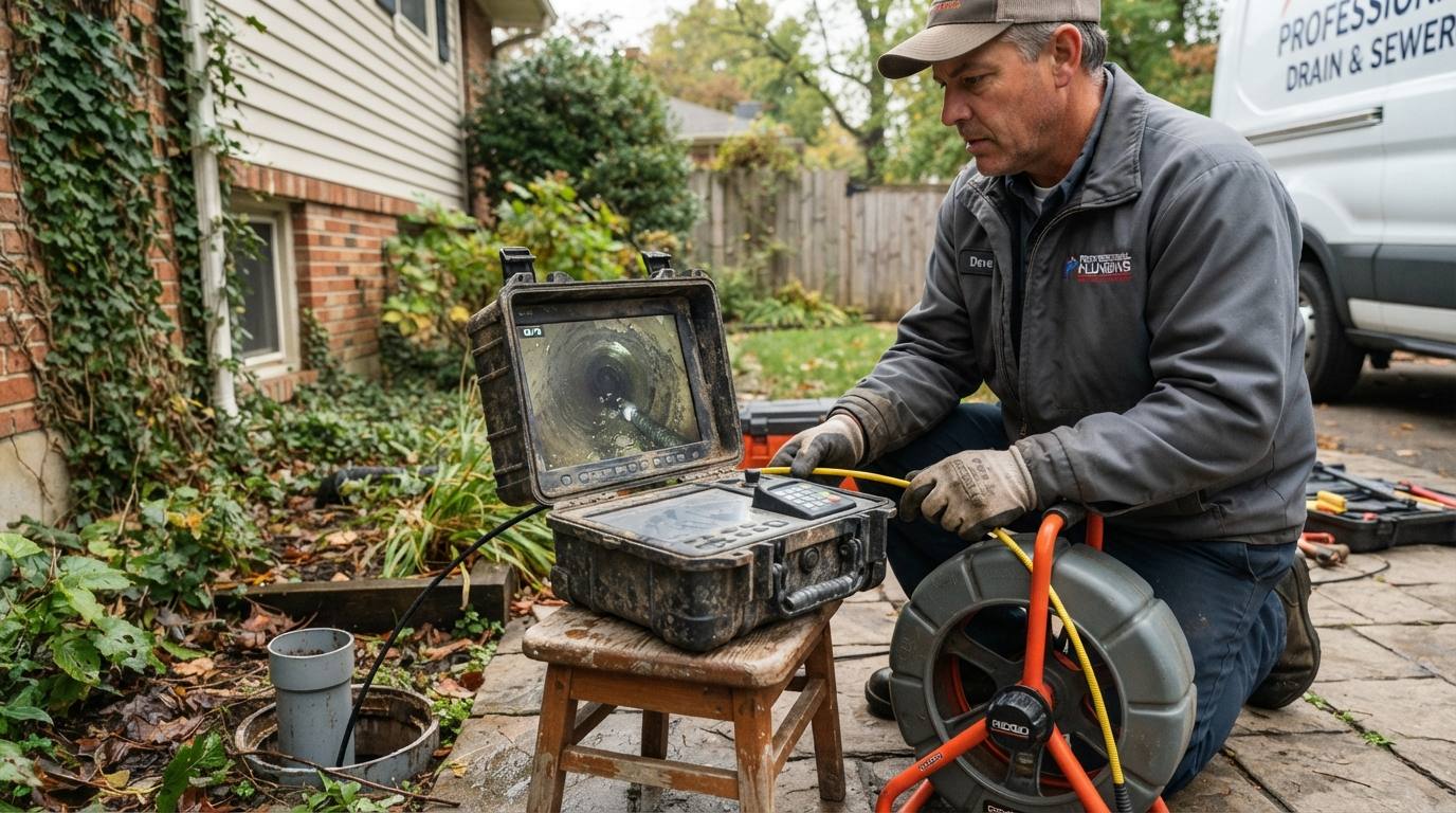 Plumber watching a sewer camera monitor beside an open clean-out