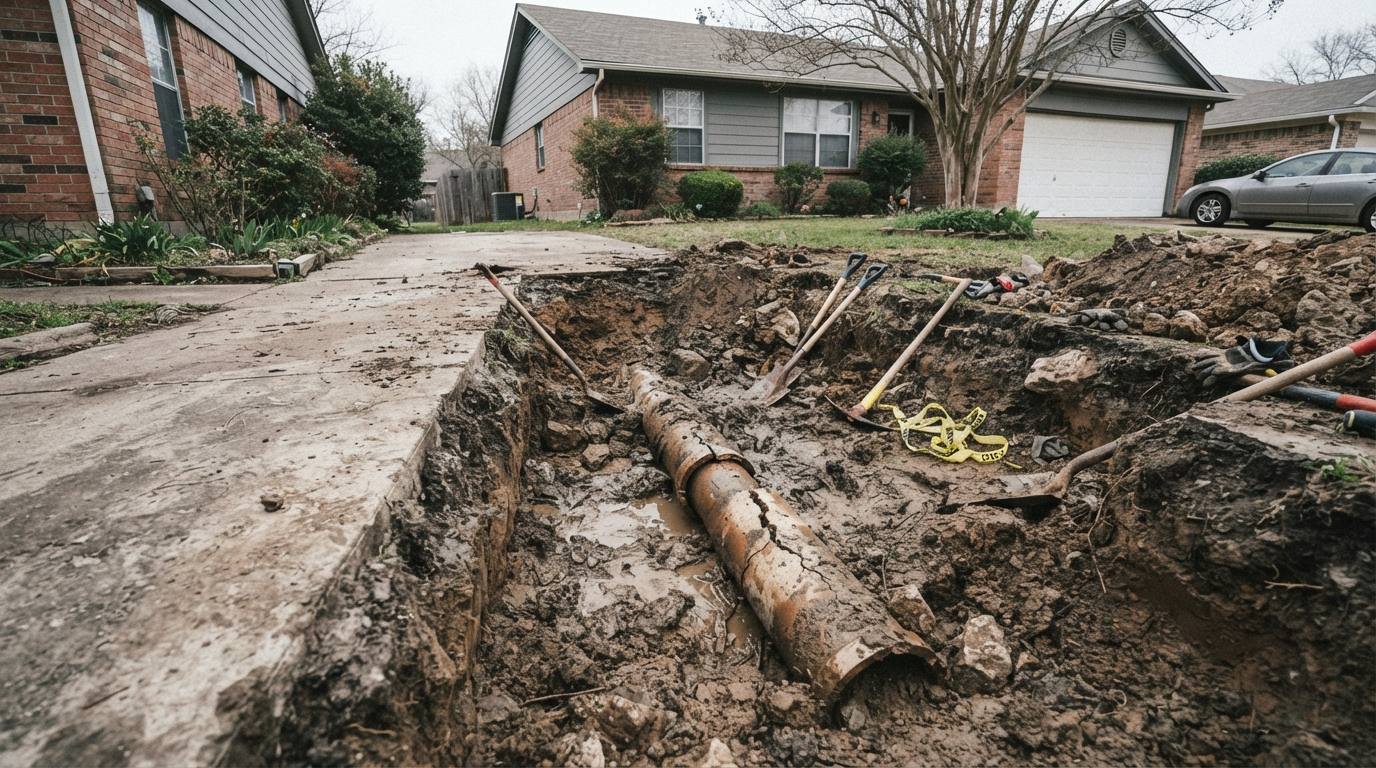Excavation exposing a cracked sewer lateral