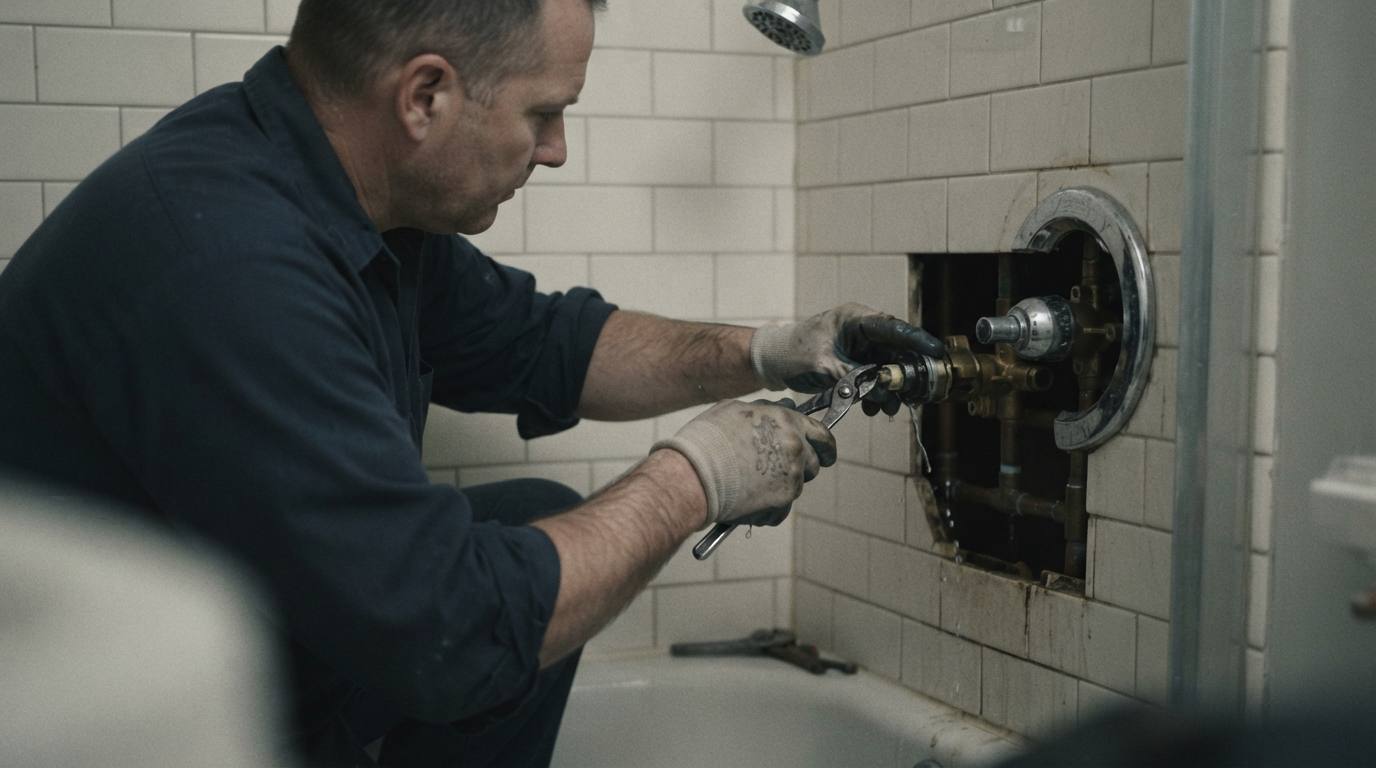 Plumber replacing a shower valve cartridge