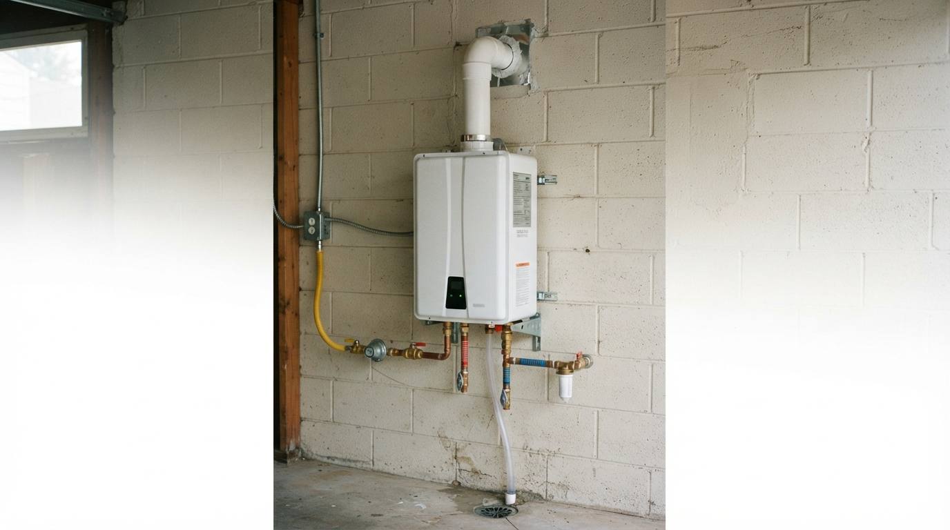 Wall-mounted tankless water heater with vent and isolation valves
