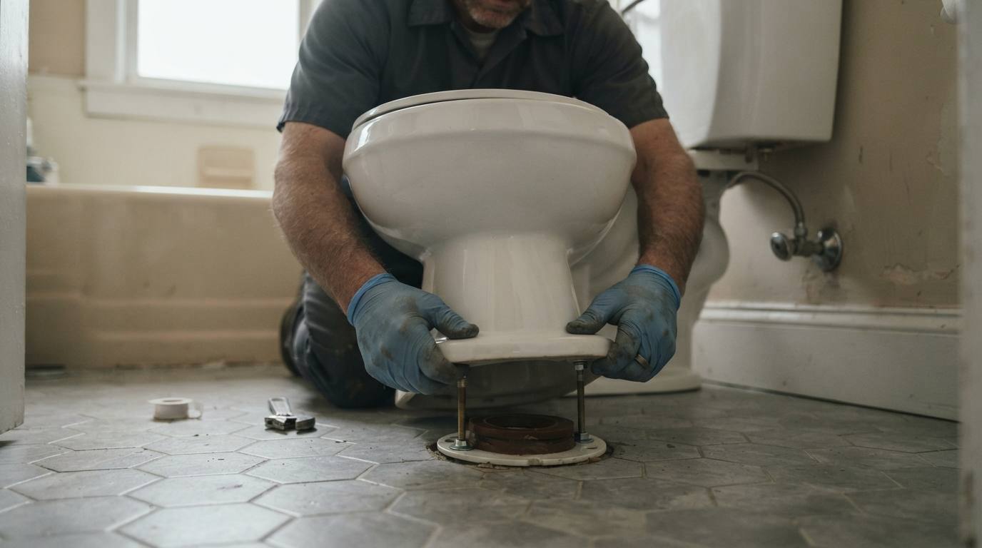Plumber setting a new toilet onto the closet flange
