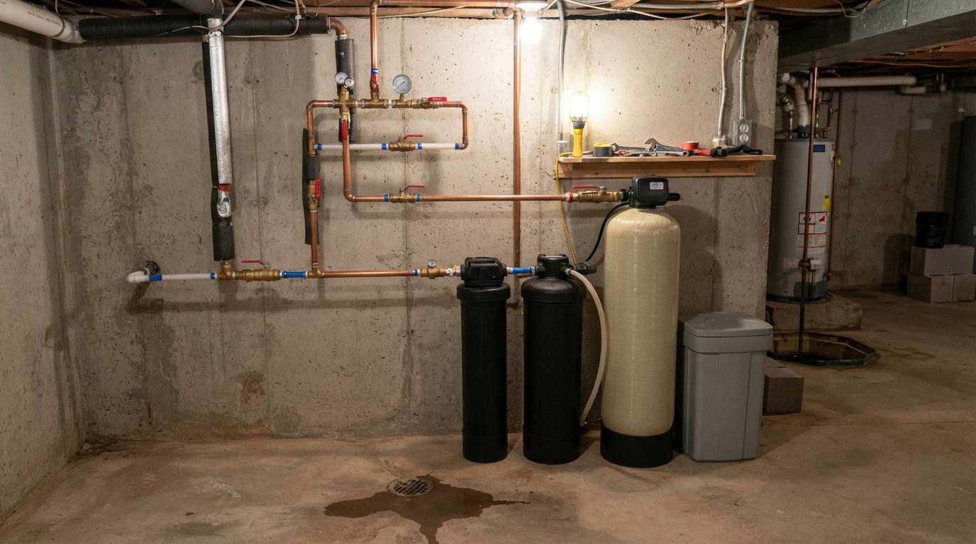 Whole-house water filtration system being installed