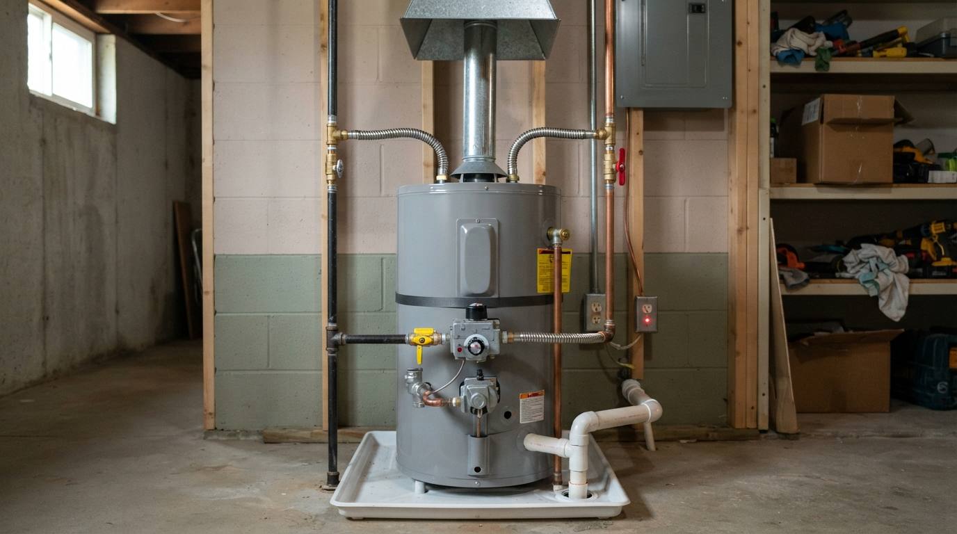 Newly installed gas water heater with drain pan
