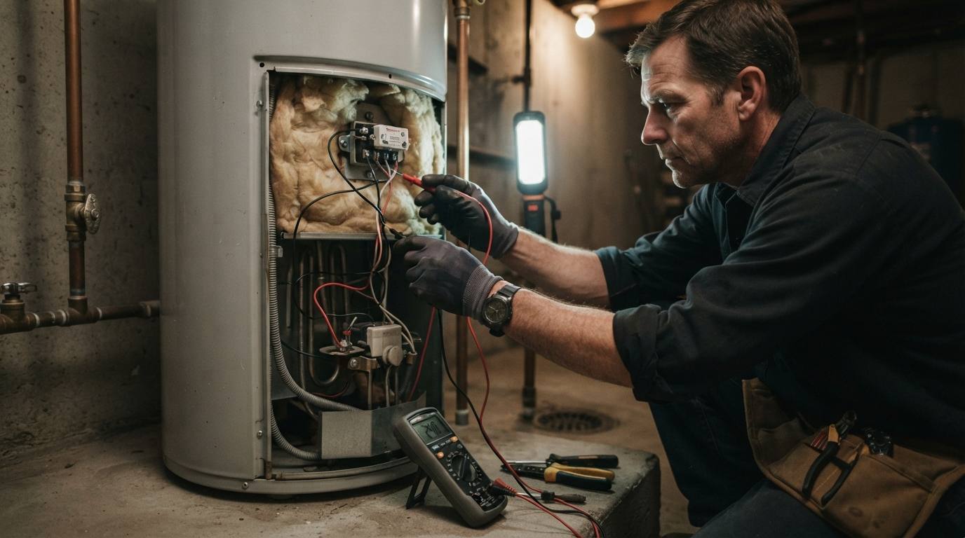 Plumber testing a water heater thermostat