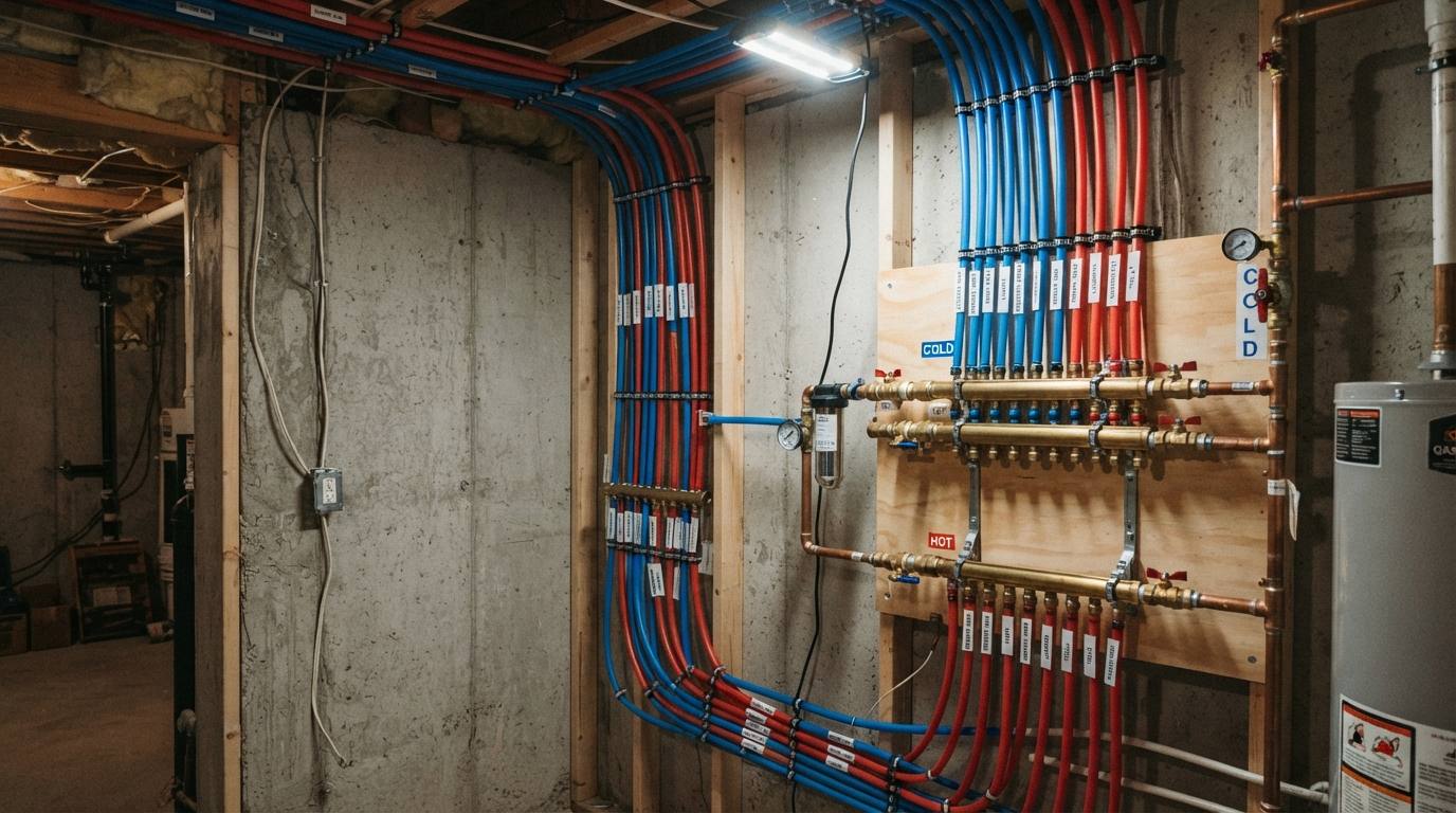 PEX water manifold with branch lines installed