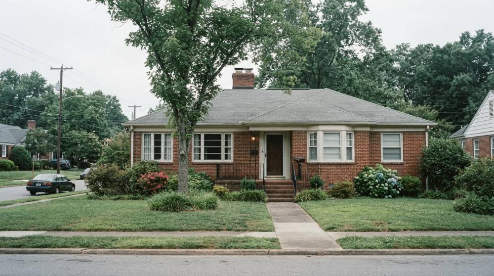 Brick ranch home on a wooded residential street