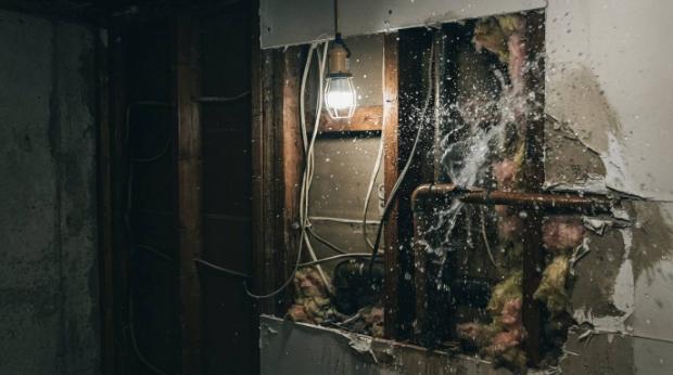 Water spraying from a burst supply line