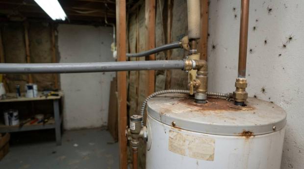 Grey polybutylene supply line at a fitting