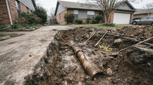 Open trench exposing a sewer lateral